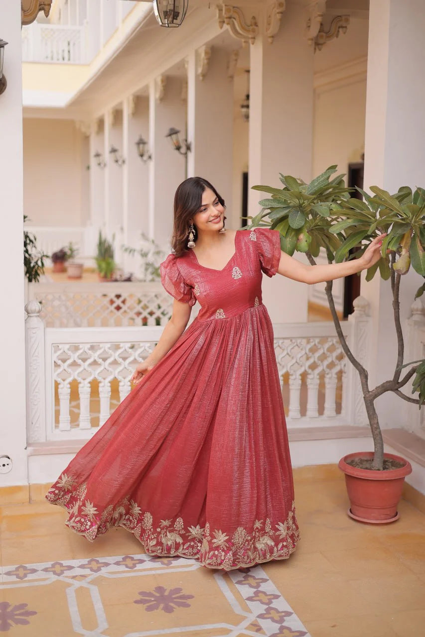Designer Fancy V-Neck Gown with Embroidery & Frill Sleeve Detailing