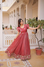 Designer Fancy V-Neck Gown with Embroidery & Frill Sleeve Detailing