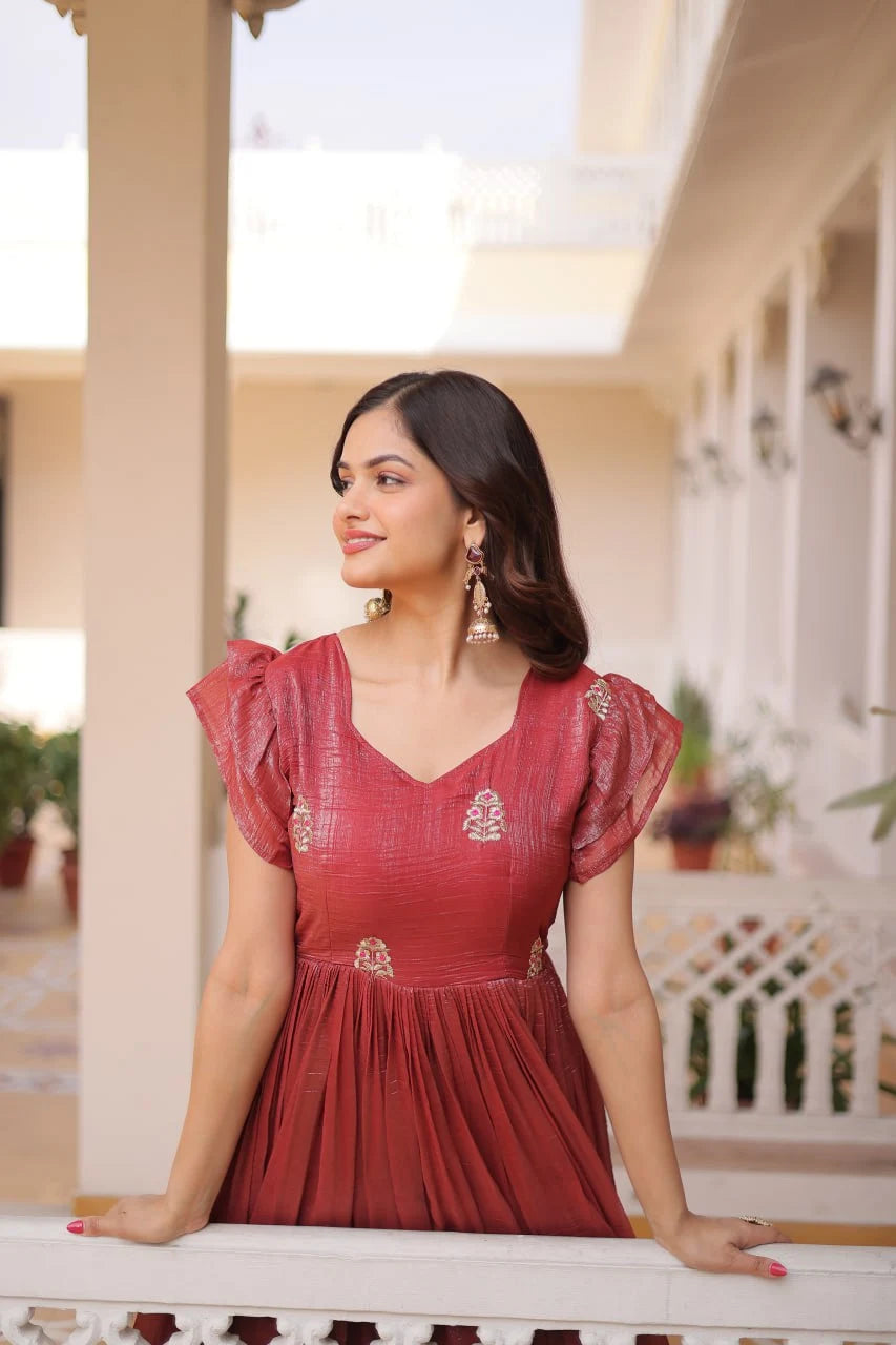 Designer Fancy V-Neck Gown with Embroidery & Frill Sleeve Detailing