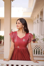 Designer Fancy V-Neck Gown with Embroidery & Frill Sleeve Detailing