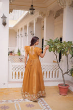 Trendy Silver Crunchy Gown with V-Neck & Designer Sleeve Pattern