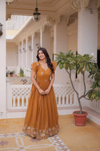Trendy Silver Crunchy Gown with V-Neck & Designer Sleeve Pattern