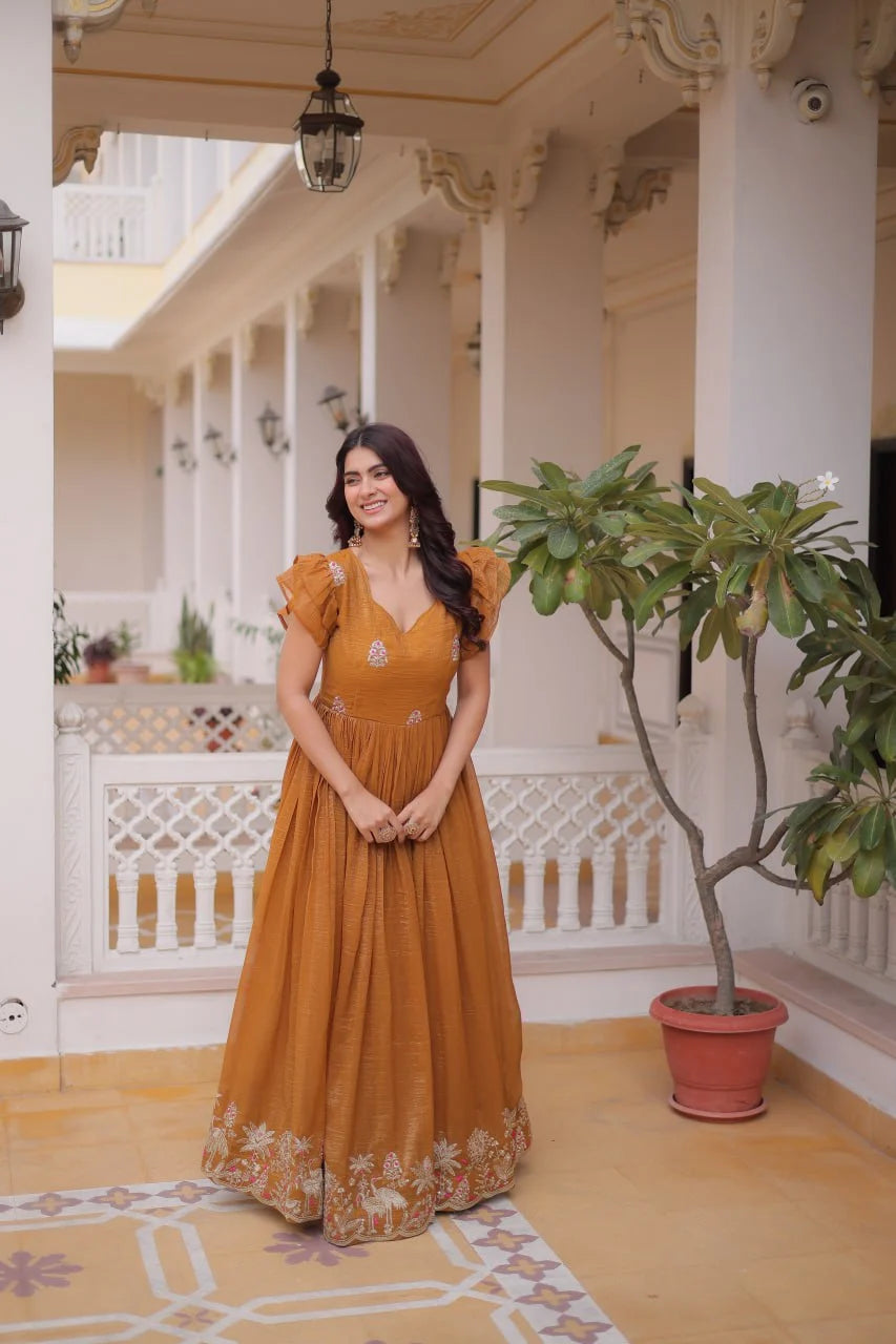 Trendy Silver Crunchy Gown with V-Neck & Designer Sleeve Pattern