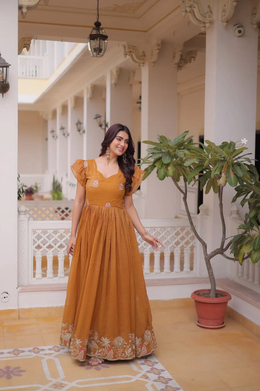 Trendy Silver Crunchy Gown with V-Neck & Designer Sleeve Pattern