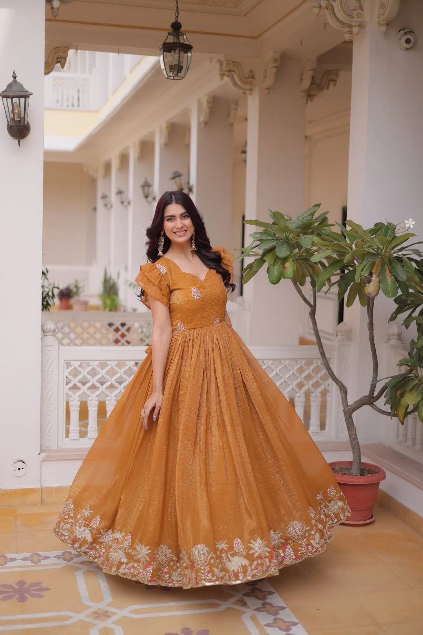 Trendy Silver Crunchy Gown with V-Neck & Designer Sleeve Pattern