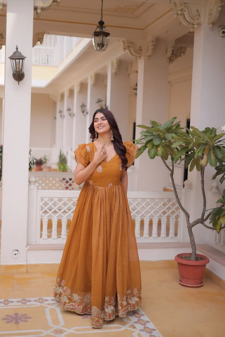 Trendy Silver Crunchy Gown with V-Neck & Designer Sleeve Pattern