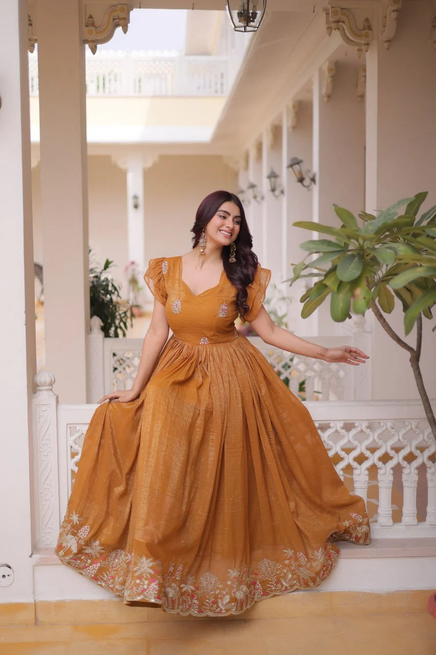 Trendy Silver Crunchy Gown with V-Neck & Designer Sleeve Pattern