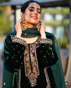 Luxury Velvet Embroidered Suit with Sequins & Full-Stitch Dupatta