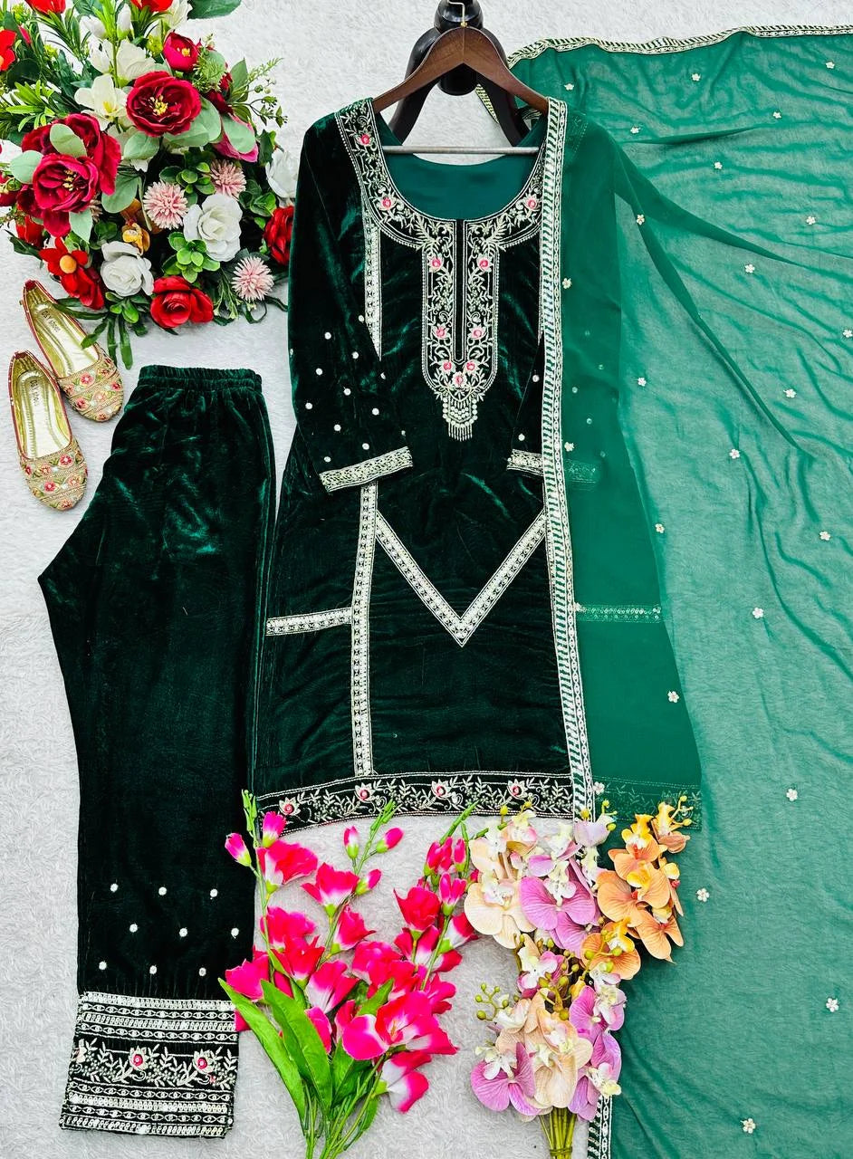 Luxury Velvet Embroidered Suit with Sequins & Full-Stitch Dupatta