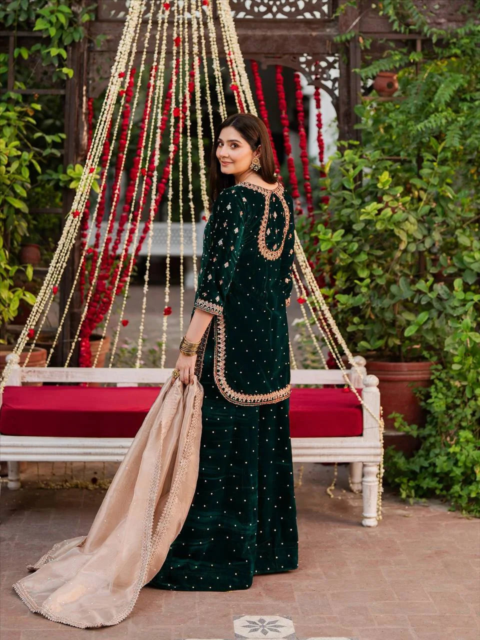 Premium Viscose Velvet Top & Plazzo Set With Pearl Detailing