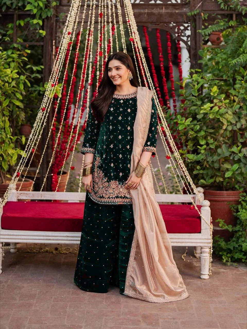 Premium Viscose Velvet Top & Plazzo Set With Pearl Detailing