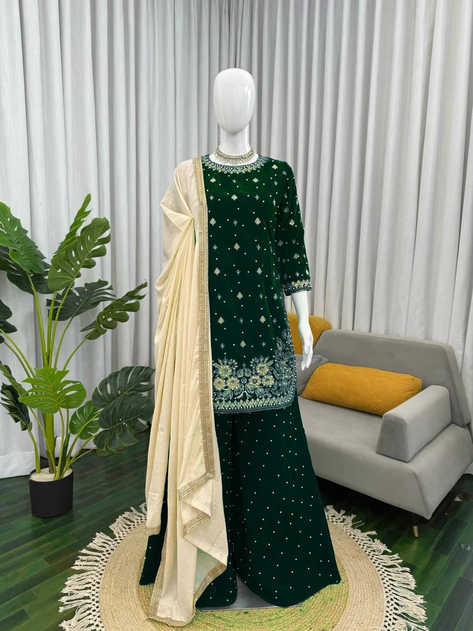 Premium Viscose Velvet Top & Plazzo Set With Pearl Detailing