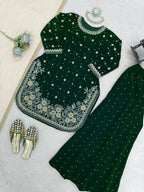 Premium Viscose Velvet Top & Plazzo Set With Pearl Detailing