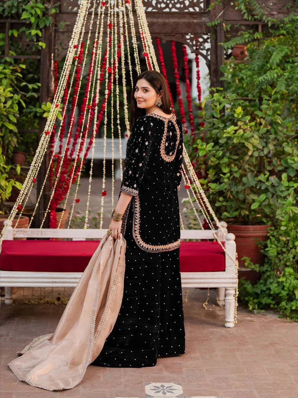 Velvet Embroidered Suit With French Crepe Dupatta