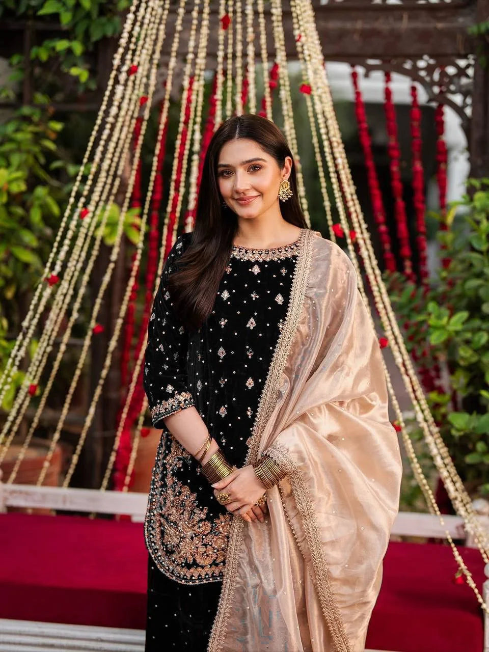 Velvet Embroidered Suit With French Crepe Dupatta