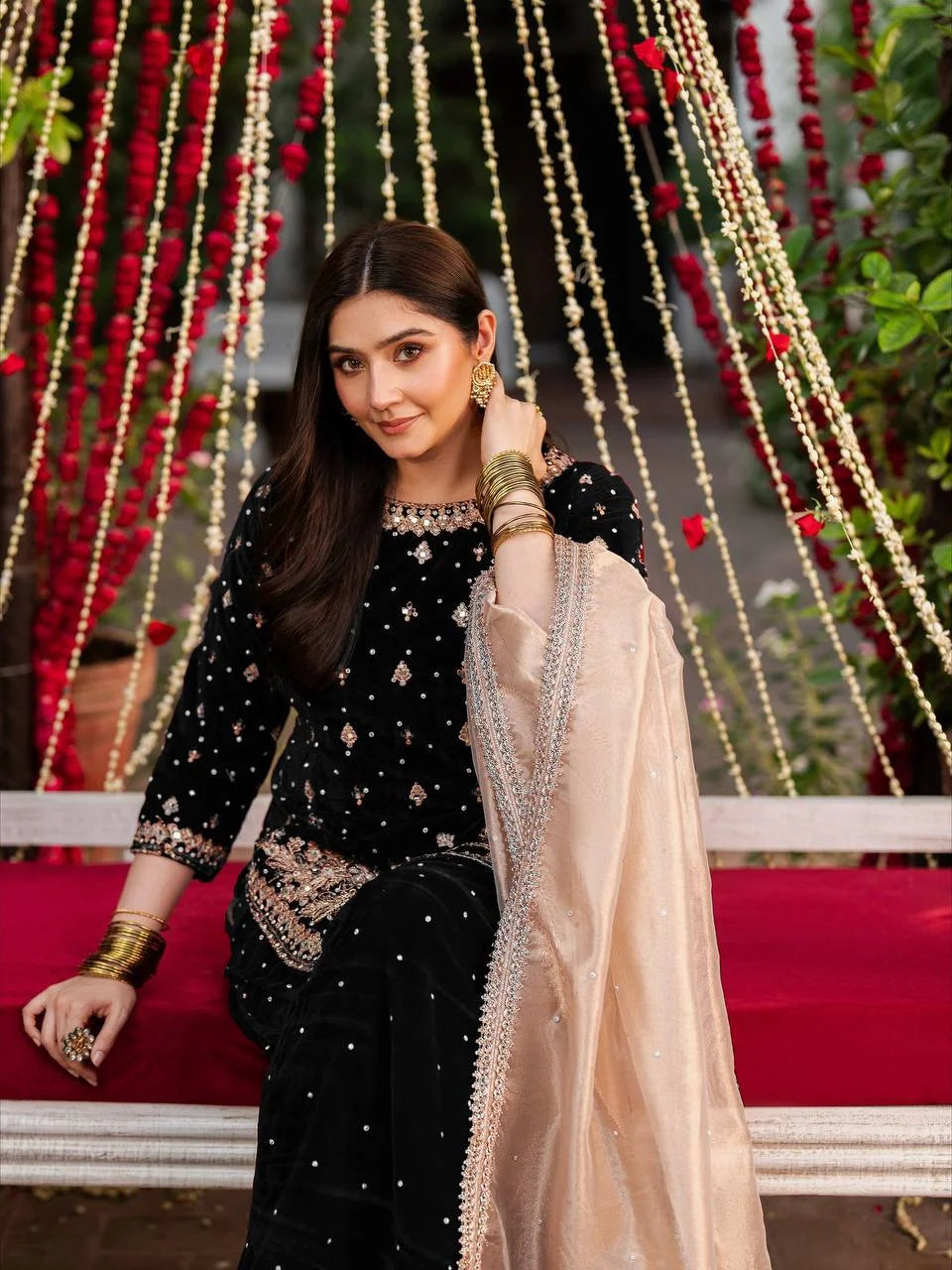 Velvet Embroidered Suit With French Crepe Dupatta