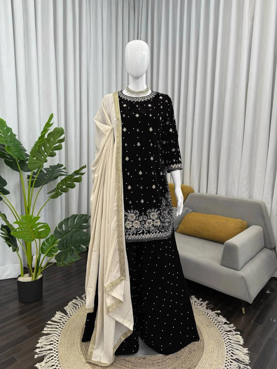 Velvet Embroidered Suit With French Crepe Dupatta