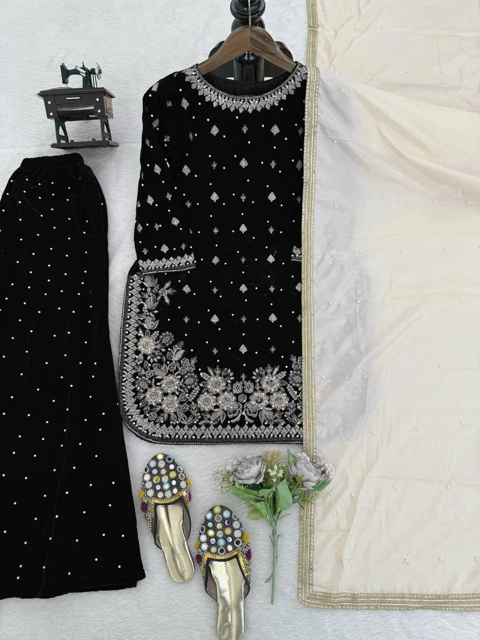 Velvet Embroidered Suit With French Crepe Dupatta