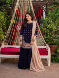 Premium Blue Velvet Partywear Suit â€“ Pearl Embellished Plazzo & Lace Dupatta