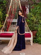 Premium Blue Velvet Partywear Suit â€“ Pearl Embellished Plazzo & Lace Dupatta