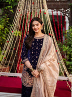 Premium Blue Velvet Partywear Suit â€“ Pearl Embellished Plazzo & Lace Dupatta
