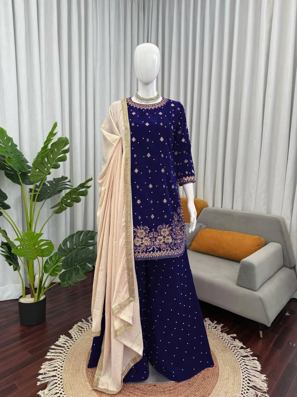 Premium Blue Velvet Partywear Suit â€“ Pearl Embellished Plazzo & Lace Dupatta