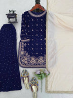 Premium Blue Velvet Partywear Suit â€“ Pearl Embellished Plazzo & Lace Dupatta