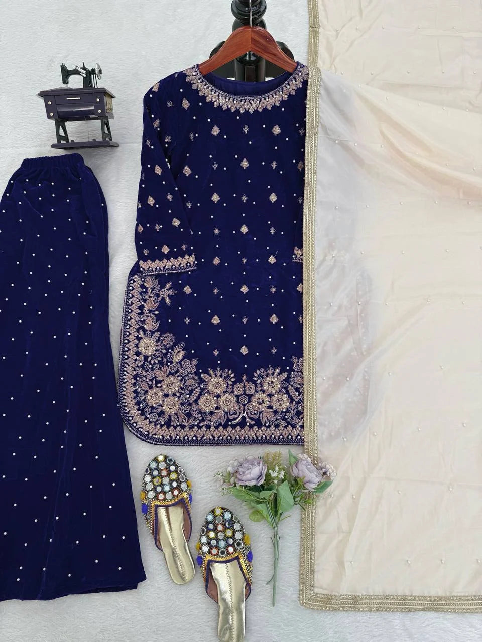 Premium Blue Velvet Partywear Suit â€“ Pearl Embellished Plazzo & Lace Dupatta