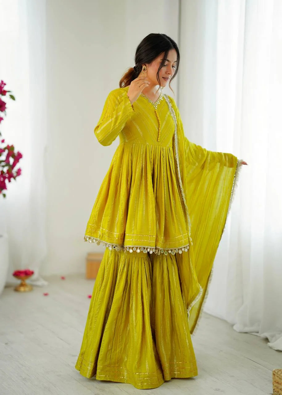 Mal Chanderi Sharara Set with Real Mirror and Handwork