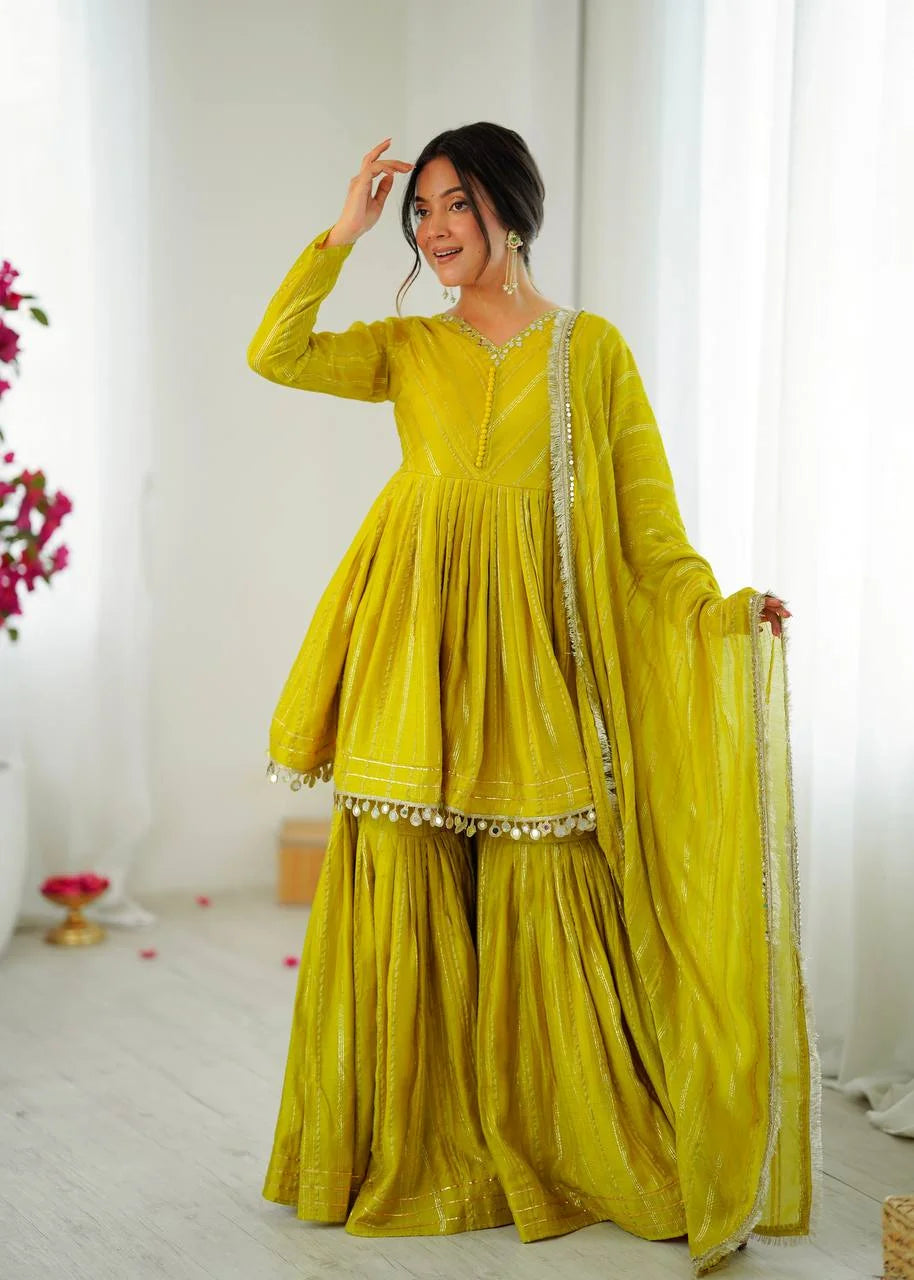 Mal Chanderi Sharara Set with Real Mirror and Handwork