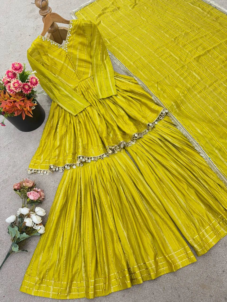 Mal Chanderi Sharara Set with Real Mirror and Handwork