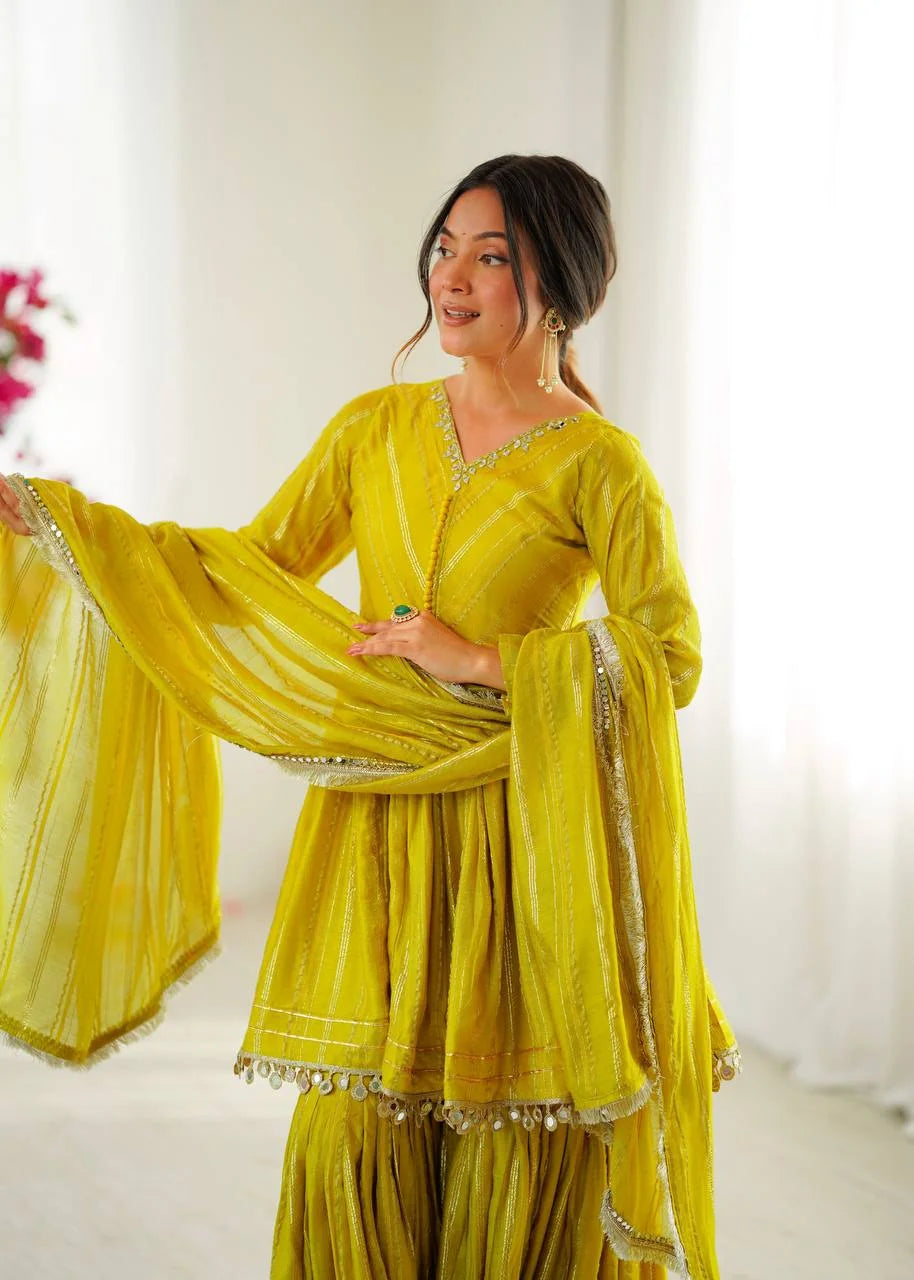 Mal Chanderi Sharara Set with Real Mirror and Handwork