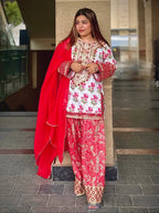 Pure Natural Crepe Digital Print Suit with Embroidery & Mirror Work