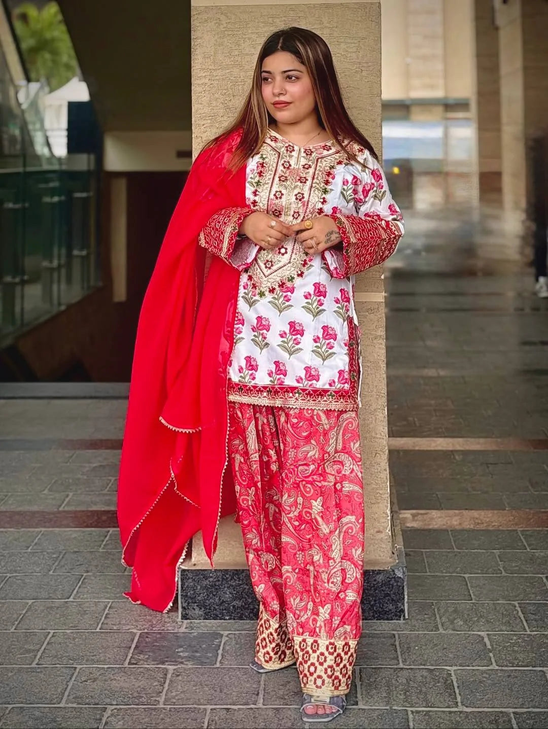 Pure Natural Crepe Digital Print Suit with Embroidery & Mirror Work