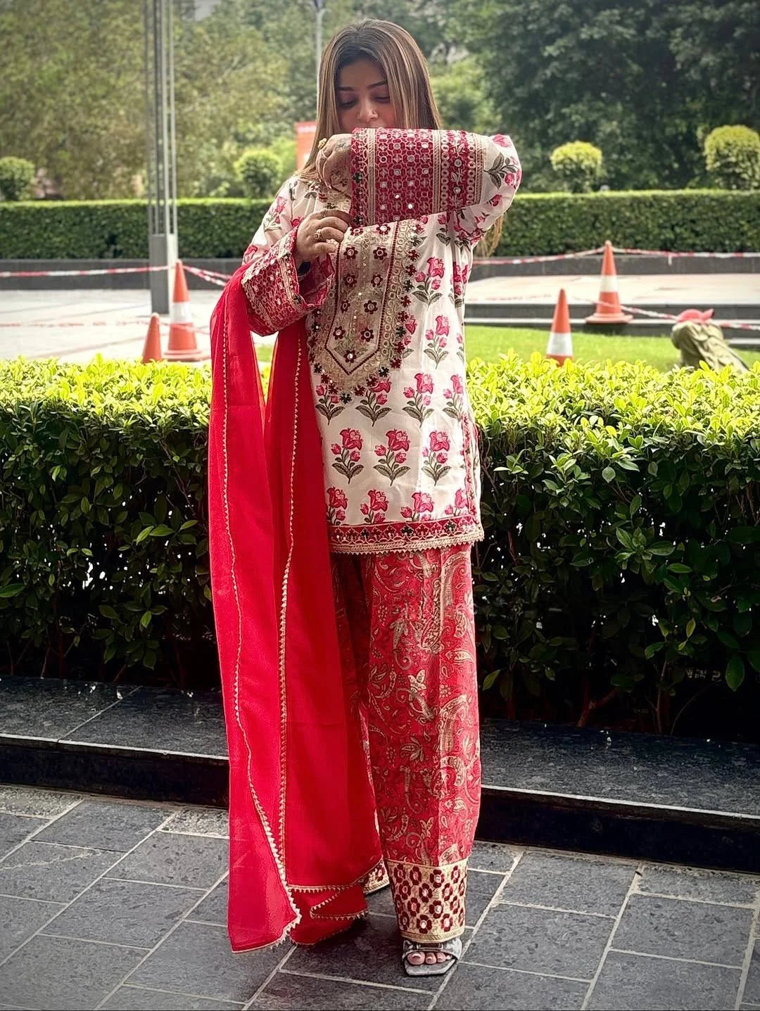 Pure Natural Crepe Digital Print Suit with Embroidery & Mirror Work