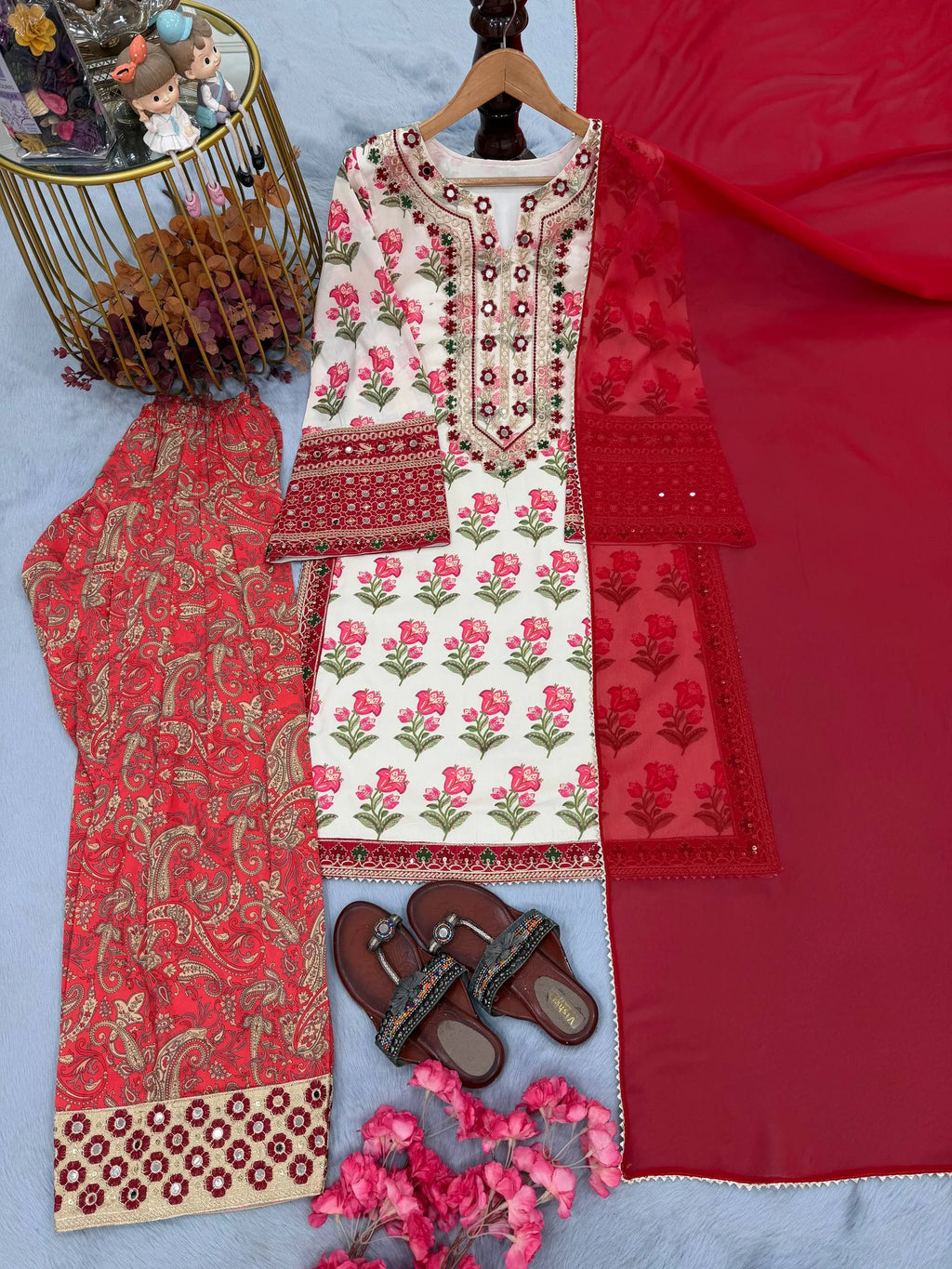 Pure Natural Crepe Digital Print Suit with Embroidery & Mirror Work