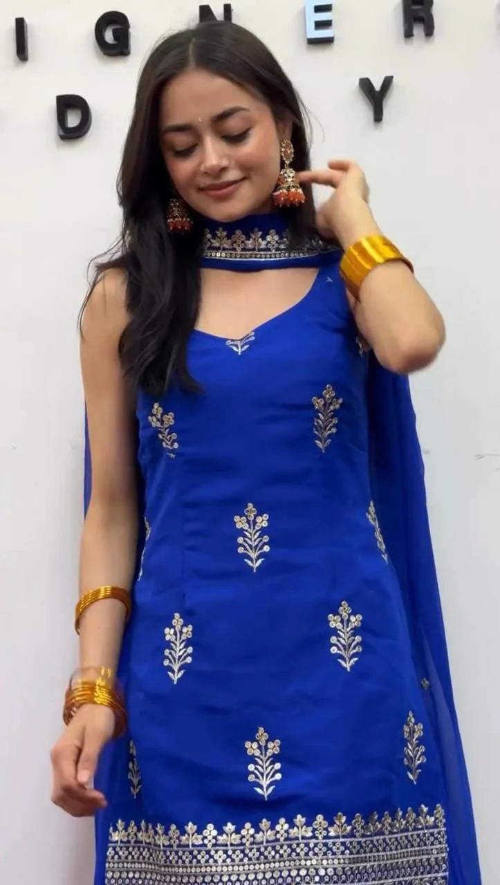 Elegant Faux Georgette Threadâ€“Sequence Plazzo Set with Dupatta