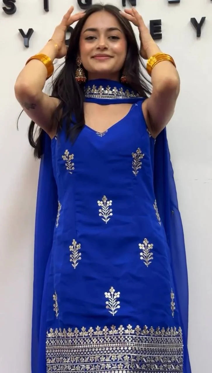 Elegant Faux Georgette Threadâ€“Sequence Plazzo Set with Dupatta