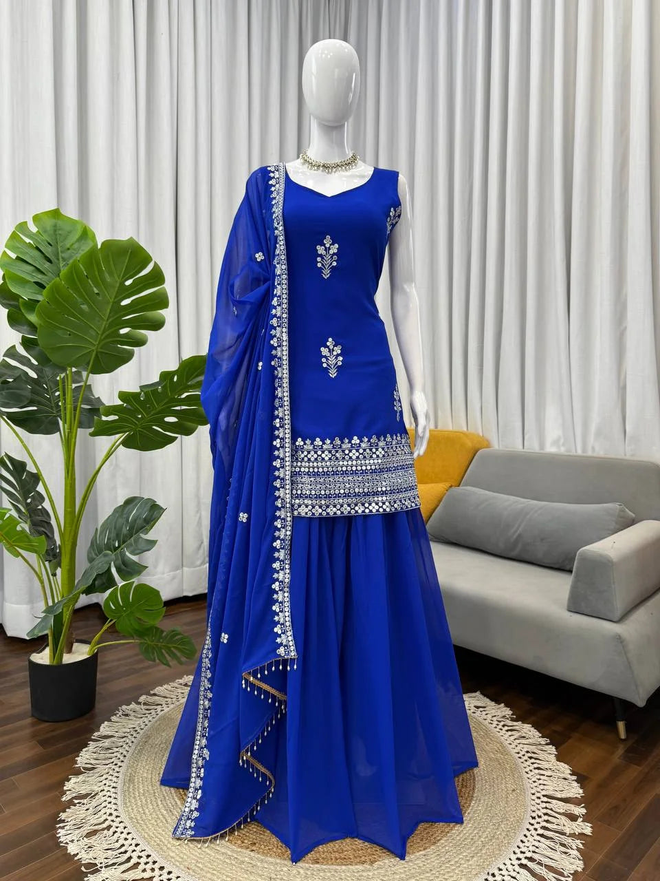 Elegant Faux Georgette Threadâ€“Sequence Plazzo Set with Dupatta