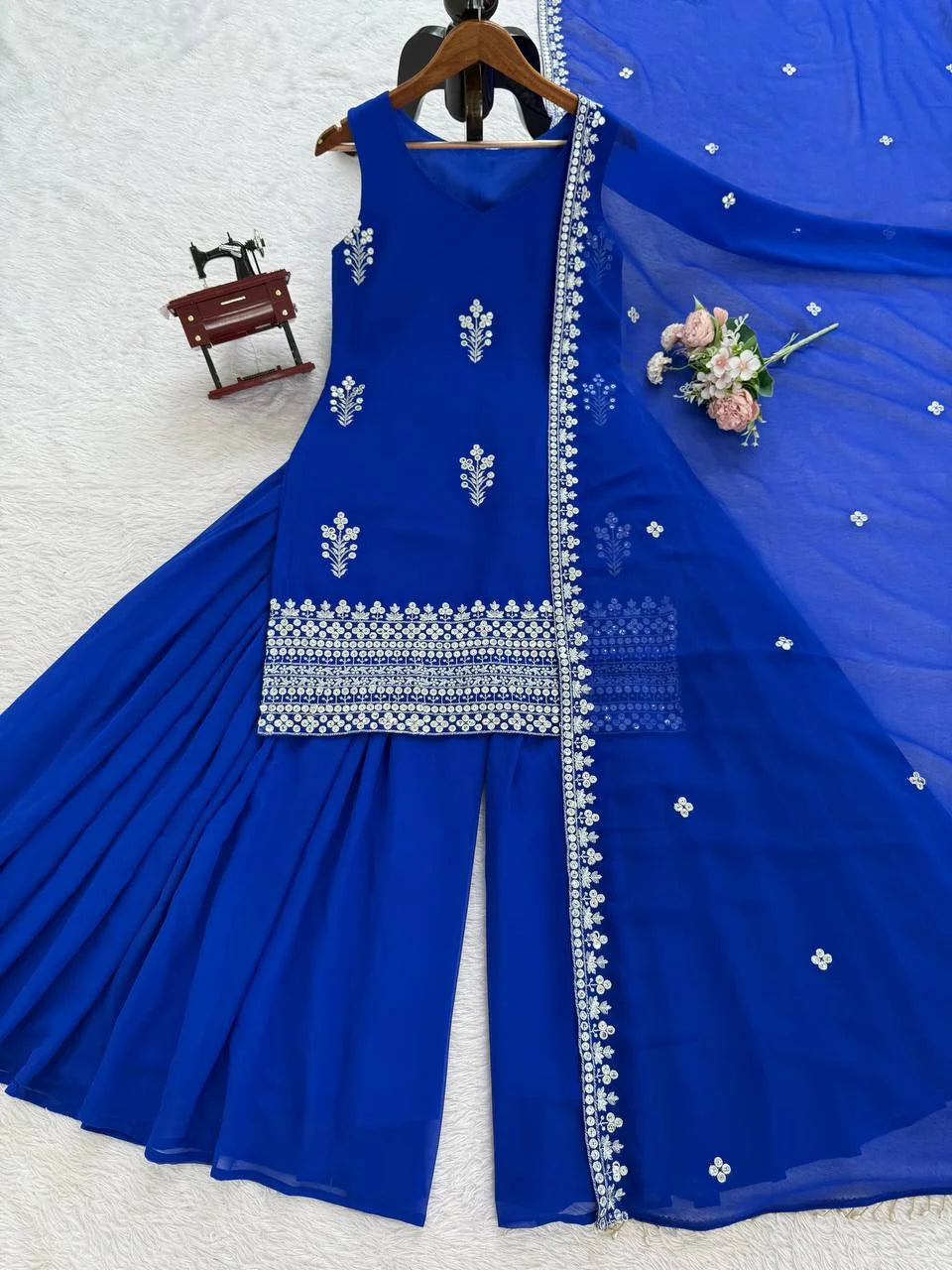 Elegant Faux Georgette Threadâ€“Sequence Plazzo Set with Dupatta