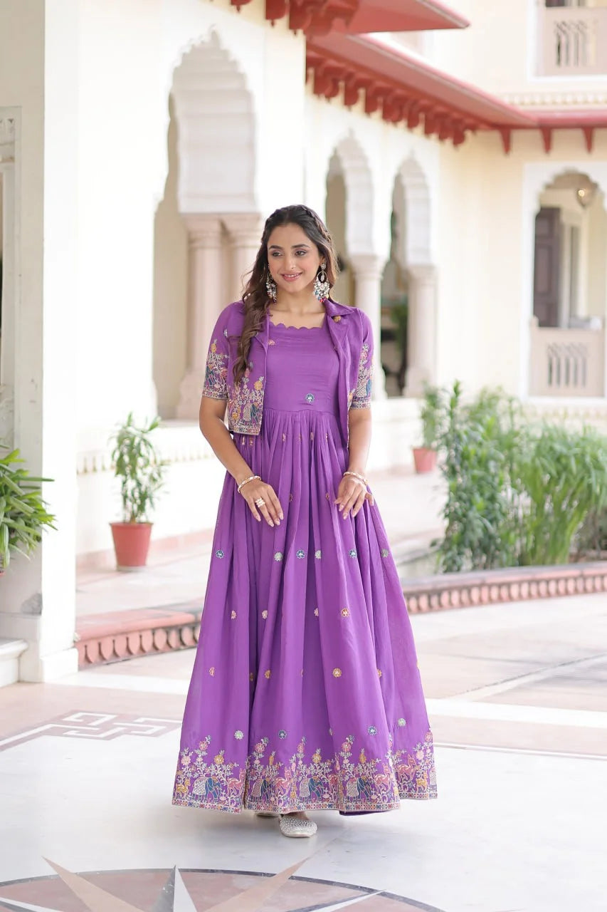 Festive Vichitra Silk Gown with Embroidery & Matching Koti