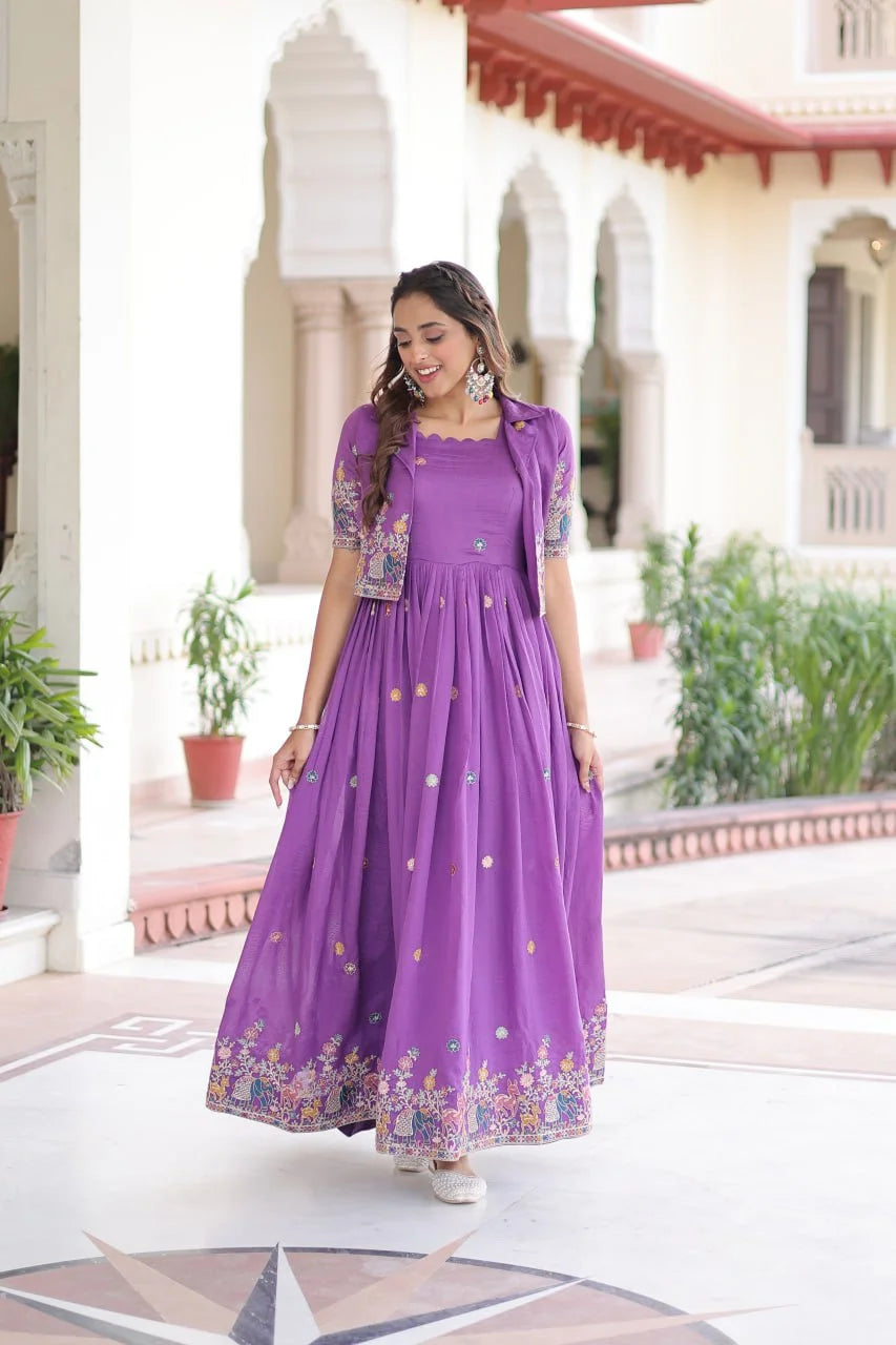 Festive Vichitra Silk Gown with Embroidery & Matching Koti