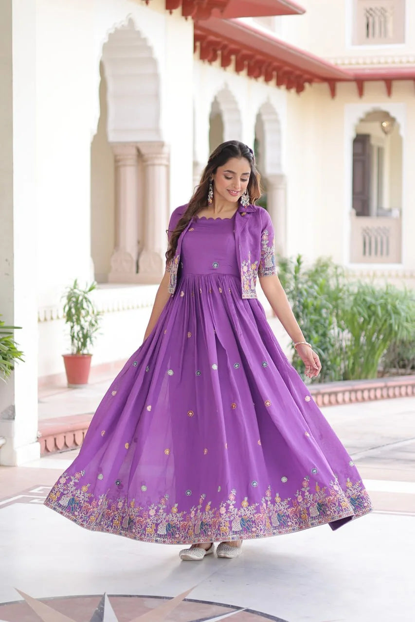 Festive Vichitra Silk Gown with Embroidery & Matching Koti