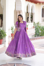 Festive Vichitra Silk Gown with Embroidery & Matching Koti