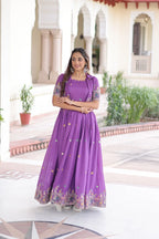 Festive Vichitra Silk Gown with Embroidery & Matching Koti