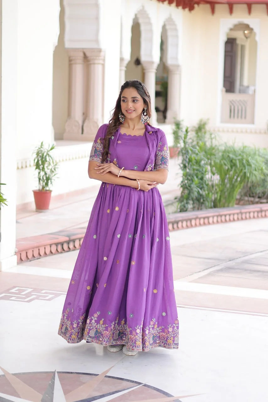Festive Vichitra Silk Gown with Embroidery & Matching Koti