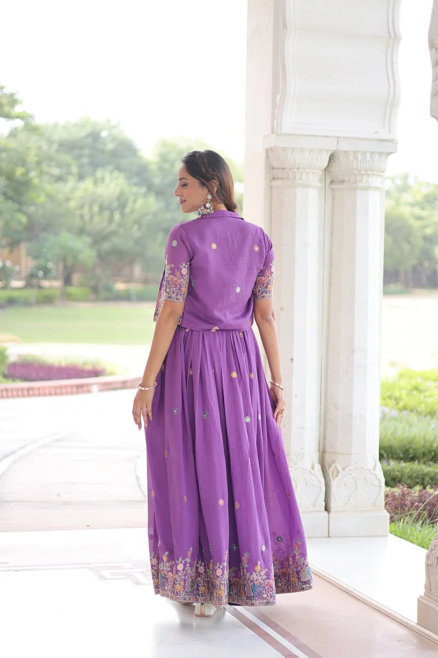 Festive Vichitra Silk Gown with Embroidery & Matching Koti