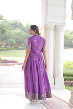 Festive Vichitra Silk Gown with Embroidery & Matching Koti