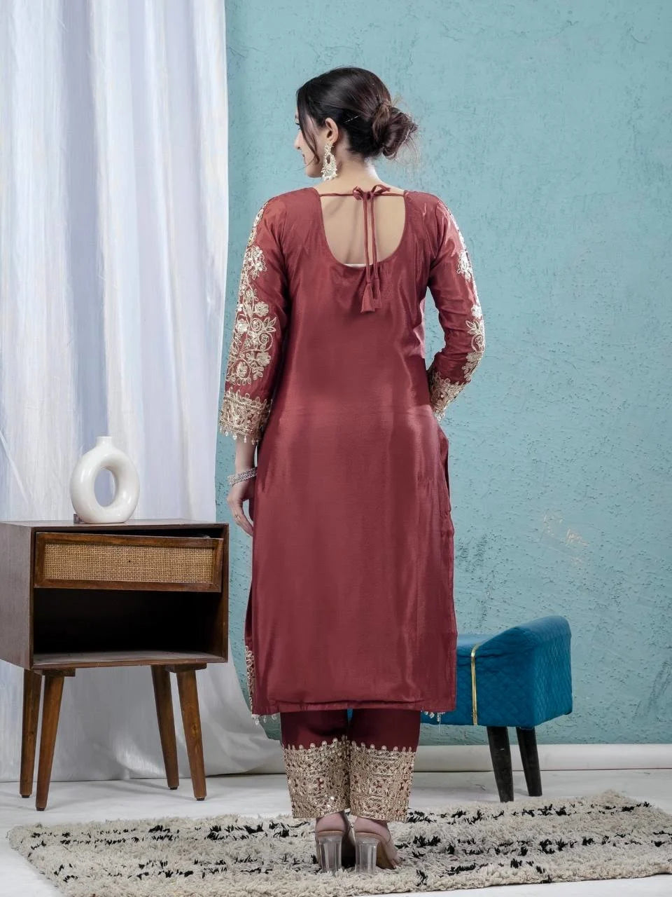 Designer Maroon Silk Suit with Intricate Coding Sequence Work