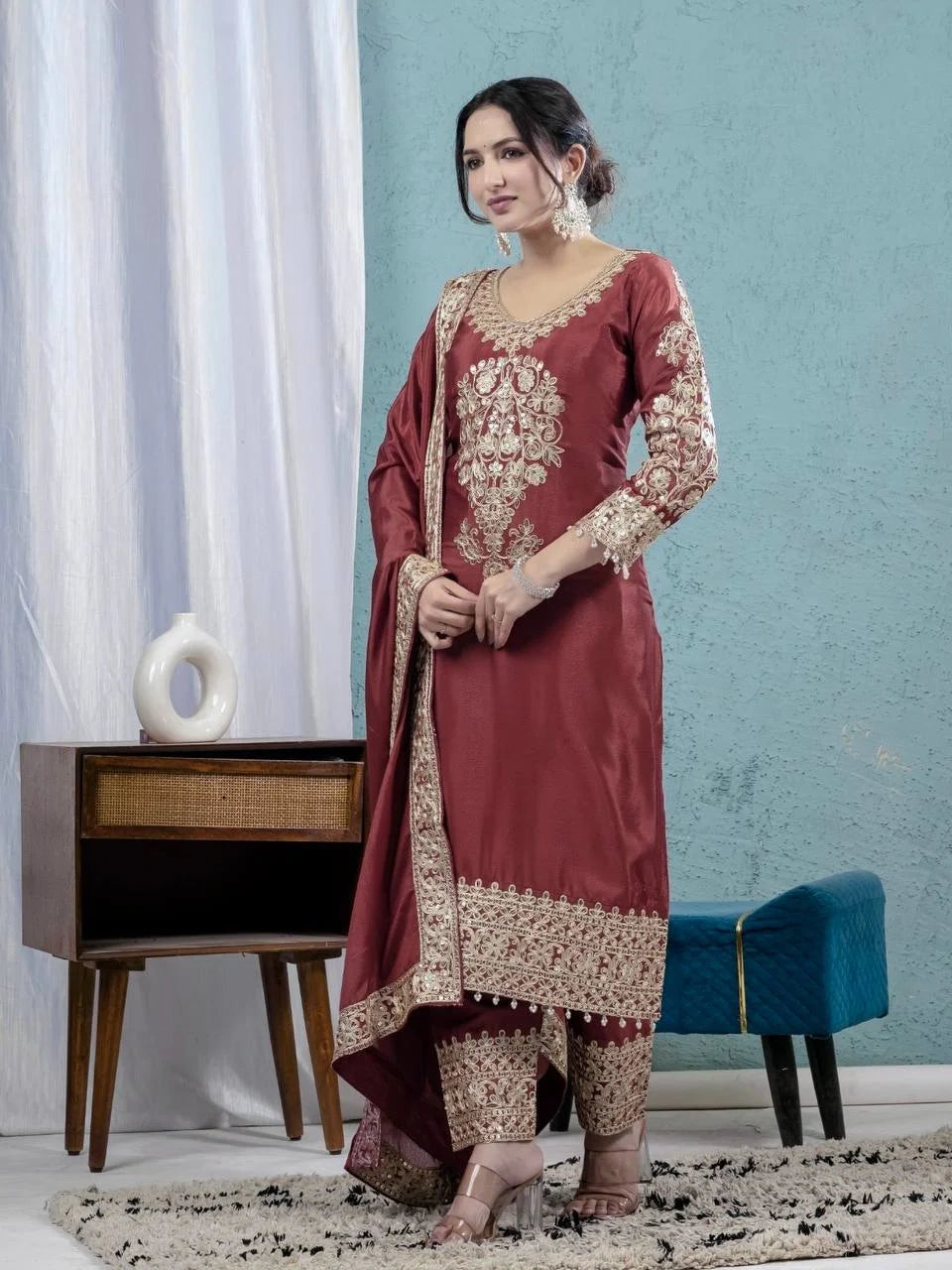 Designer Maroon Silk Suit with Intricate Coding Sequence Work